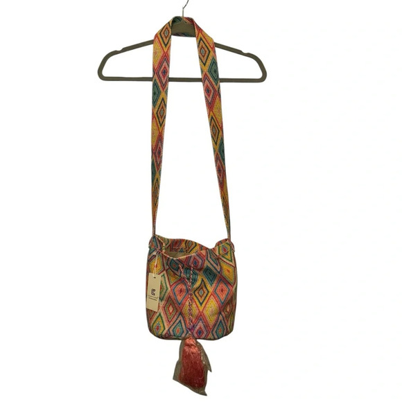 Patterned Crossbody Bucket Bag W/ Tasseled Drawstring - Picture 2 of 5
